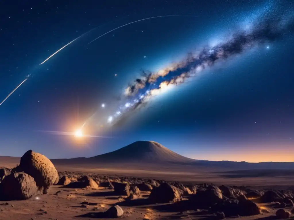 Vista panorámica nocturna del cielo estrellado con asteroides en velocidad espacial