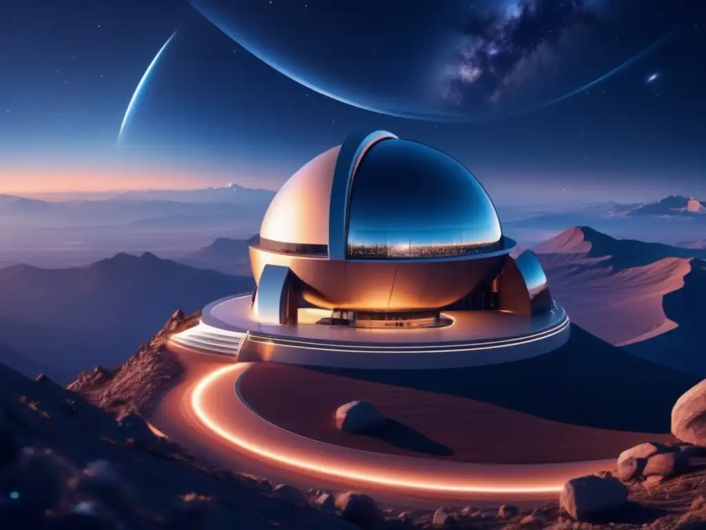 Vista panorámica de observatorio espacial futurista en montaña, destacando preparación para tránsito asteroide