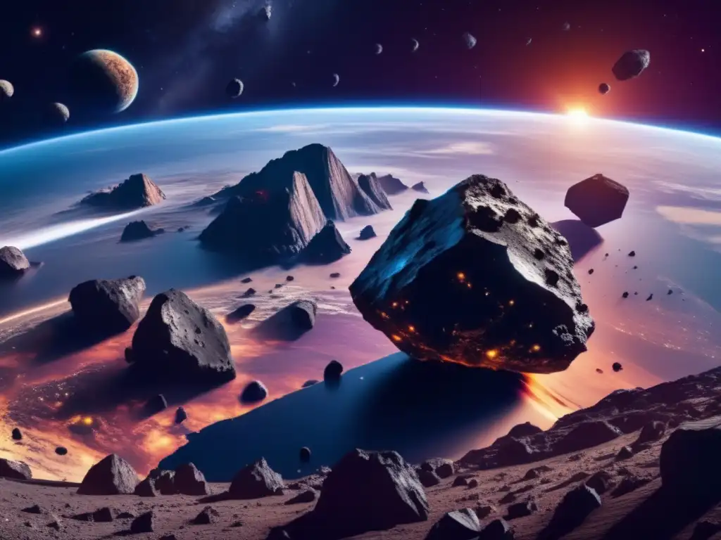Vista panorámica de la Tierra desde el espacio con asteroides amenazantes en primer plano