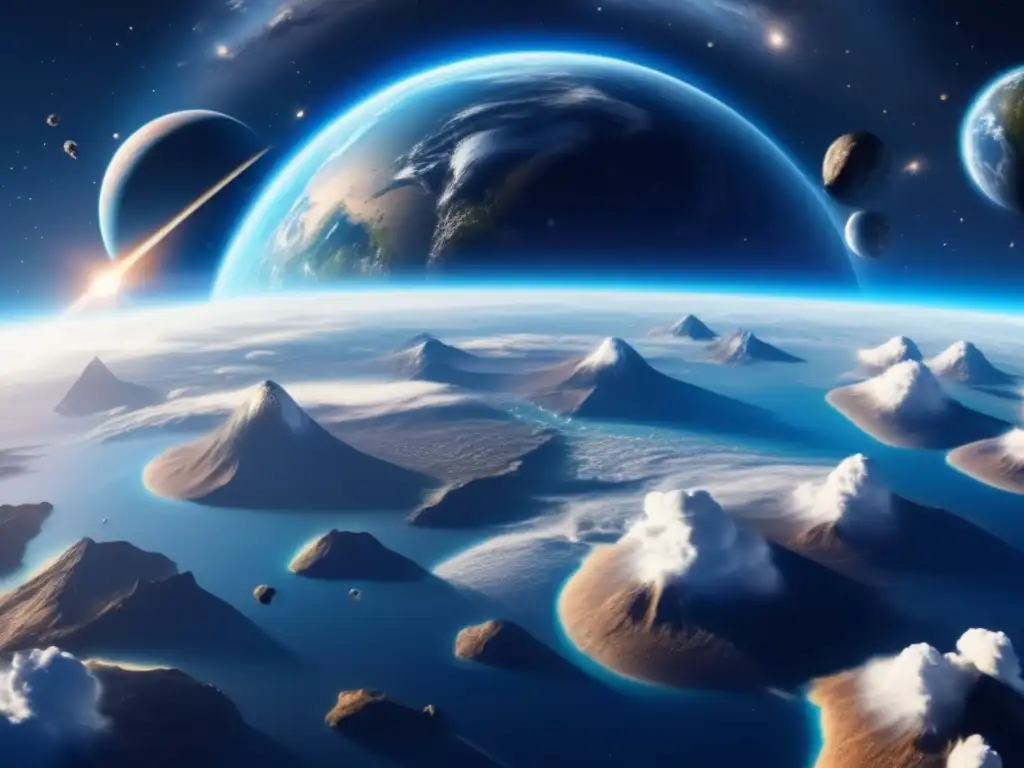 Vista panorámica de la Tierra desde el espacio, con asteroides y legislación internacional (110 caracteres)