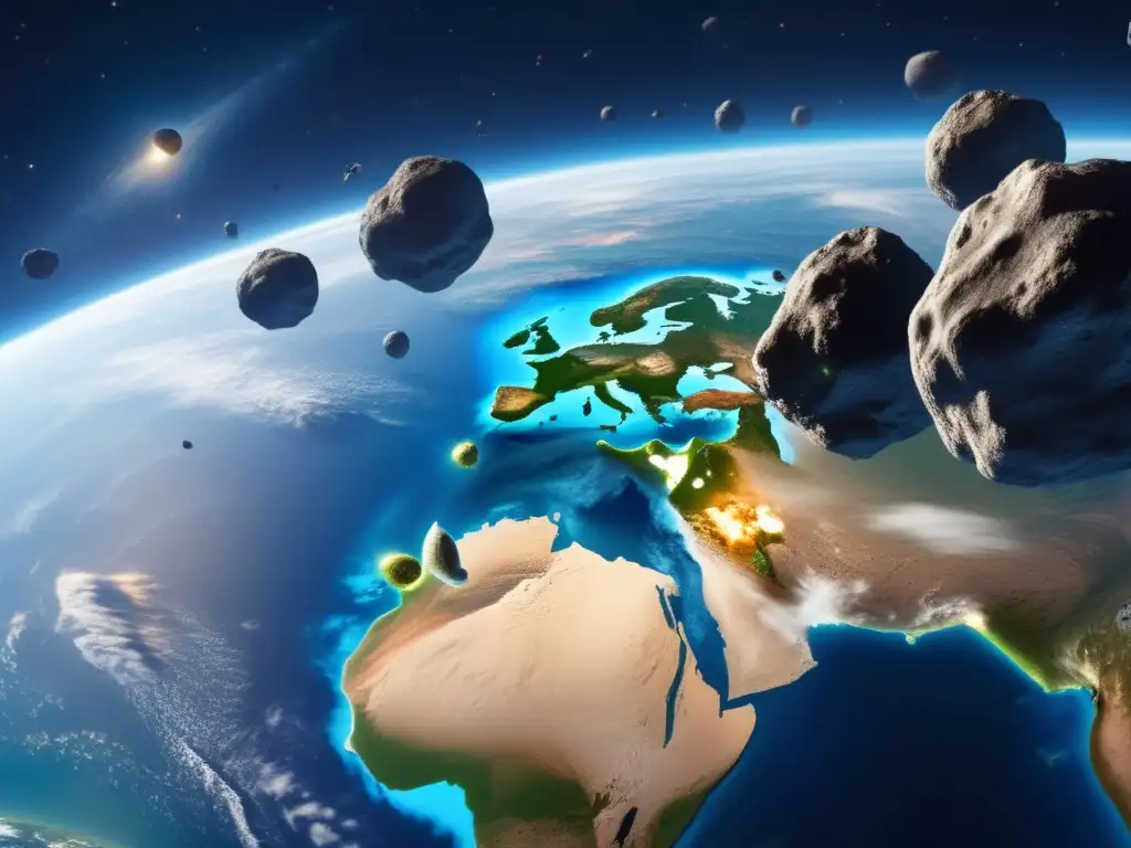 Vista panorámica de la Tierra desde el espacio con asteroides que se acercan