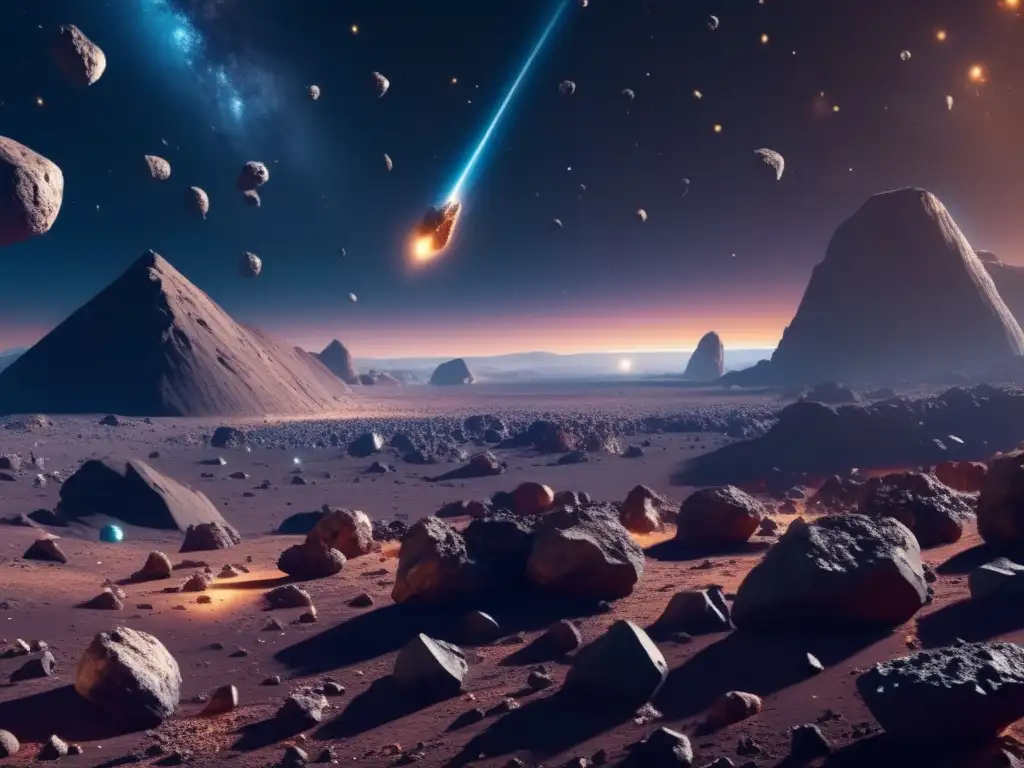 Vista panorámica de un vasto campo de asteroides en el espacio, con diferentes formas, colores y texturas