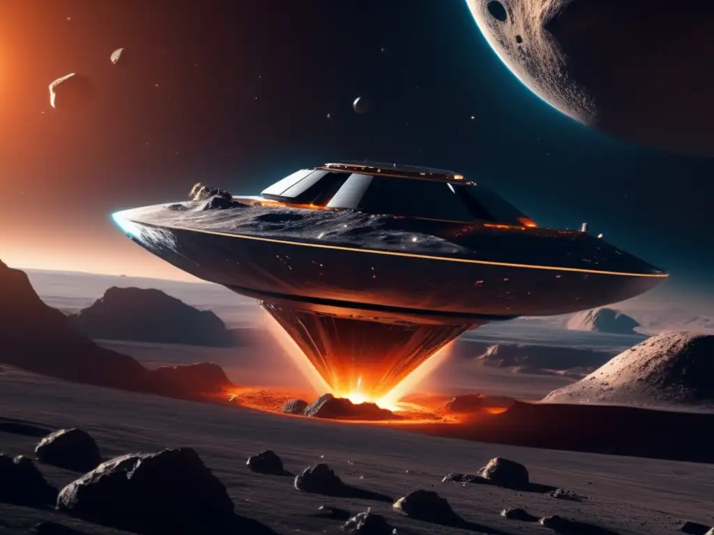 Composición visual: nave espacial futurista explorando asteroide - Exploración de asteroides prometedoras